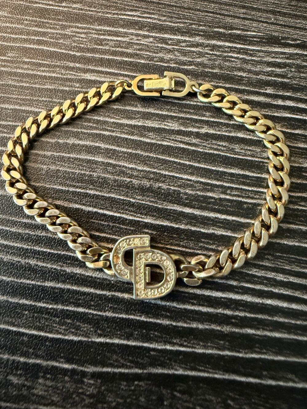 Vintage Christian Dior Crystal CD Logo Gold Curb Link Chain Bracelet